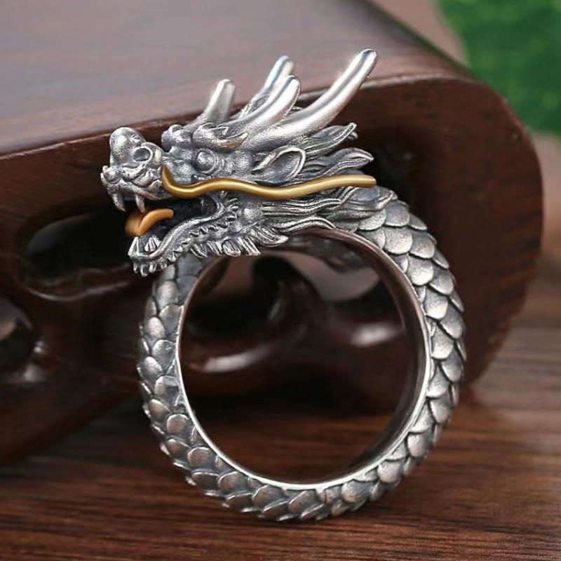 Nimara Ritual 925 Sterling Silver Vintage Dragon Design Protection Strength Adjustable Ring