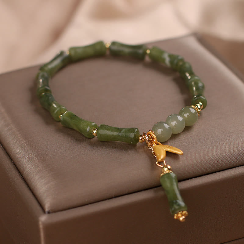 Nimara Ritual Green Bamboo Jade Leaf Pattern Wealth Luck Bracelet