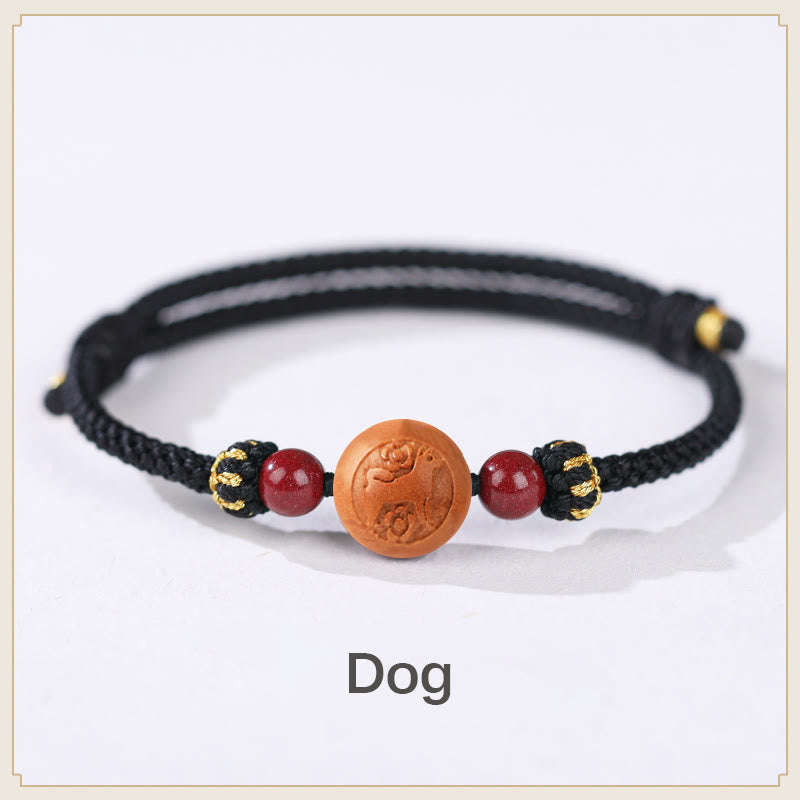 Nimara Ritual Natural Peach Wood Chinese Zodiac Fu Character Carved Cinnabar Wealth Bracelet
