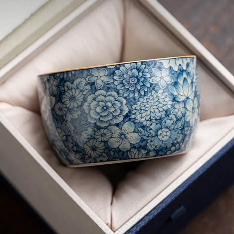 Nimara Ritual Blue Lotus Peach Blossom Chrysanthemum Design Ceramic Teacup Kung Fu Tea Cups