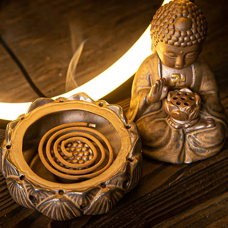 Nimara Ritual Buddha Lotus Backflow Smoke Fountain Ceramic Blessing Incense Burner With Light Decoration