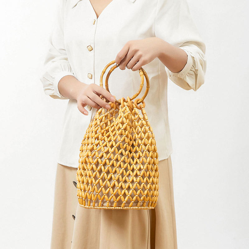 Nimara Ritual Hand-woven Wooden Beads Bamboo Handle Shoulder Bag Handbag