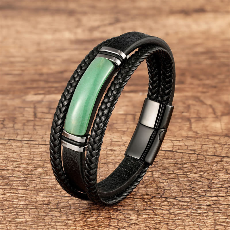 Nimara Ritual Natural Stone Green Agate Power Multilayered Braided Leather Bracelet