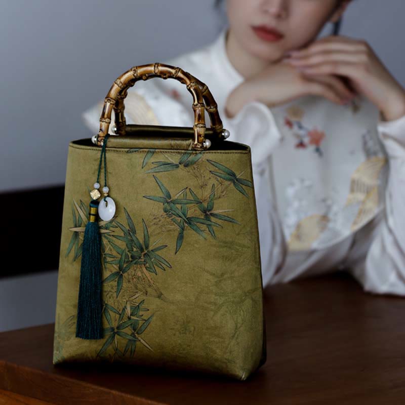 Nimara Ritual Yellow Green Bamboo Leaves Bamboo Handles Handbag
