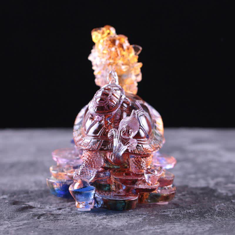 Nimara Ritual Feng Shui Dragon Turtle Coins Handmade Liuli Crystal Luck Art Piece Home Office Decoration