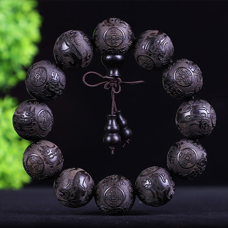 Nimara Ritual Chinese Zodiac Rosewood Ebony Copper Coin PiXiu Carved Warmth Bracelet