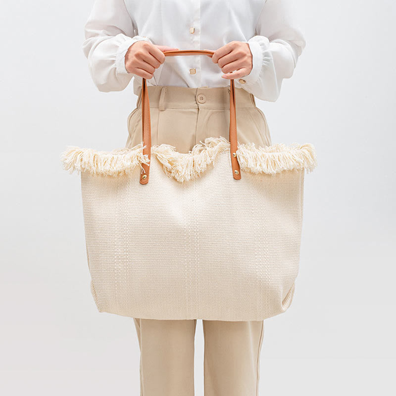 Nimara Ritual Large Capacity Solid Color Tassel Canvas Tote Shoulder Bag