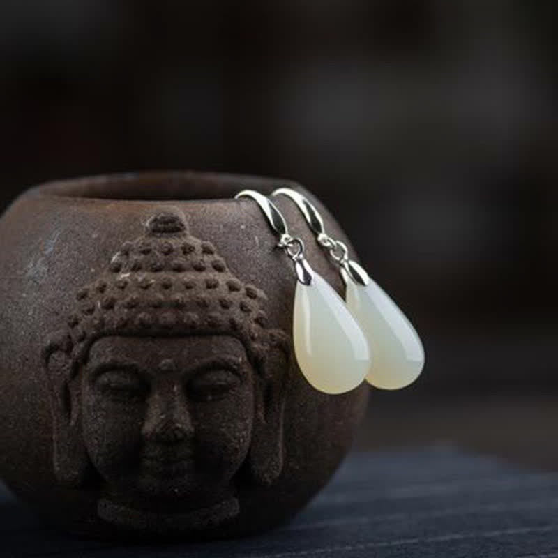 Nimara Ritual Hetian White Jade Water Drop Luck Blessing Dangle Earrings