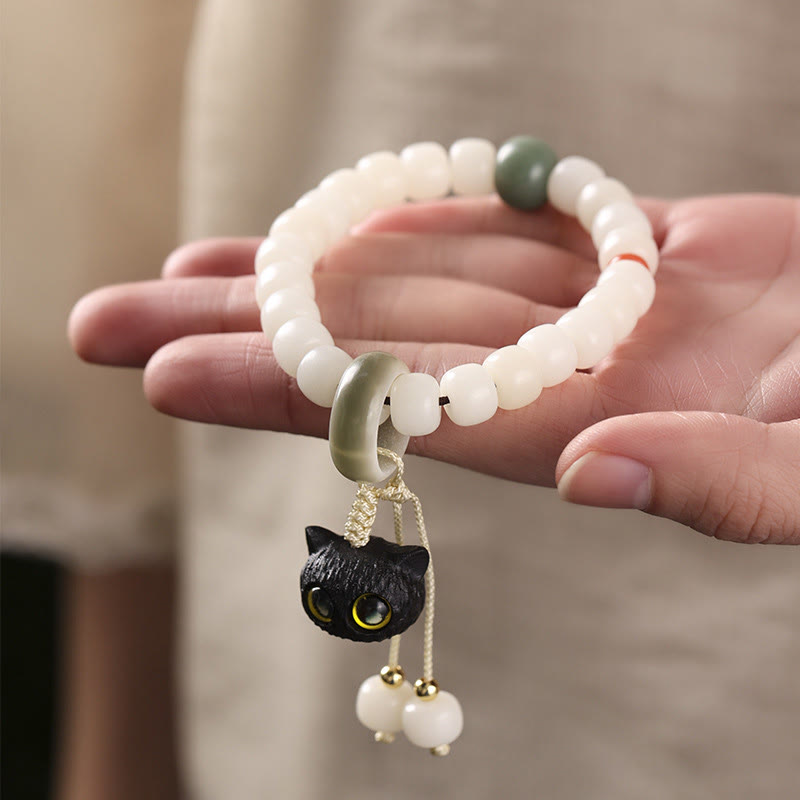 Nimara Ritual Natural Bodhi Seed African Blackwood Lovely Cat Charm Peace Harmony Bracelet