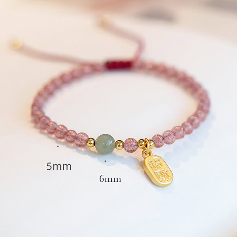 Nimara Ritual Natural Strawberry Quartz Garnet Jade Lucky Fortune Fu Character Healing Charm Bracelet