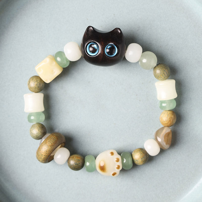 Nimara Ritual Bodhi Seed Green Sandalwood Ebony Wood Small Leaf Red Sandalwood Cat Head Paw Claw Peace Bracelet