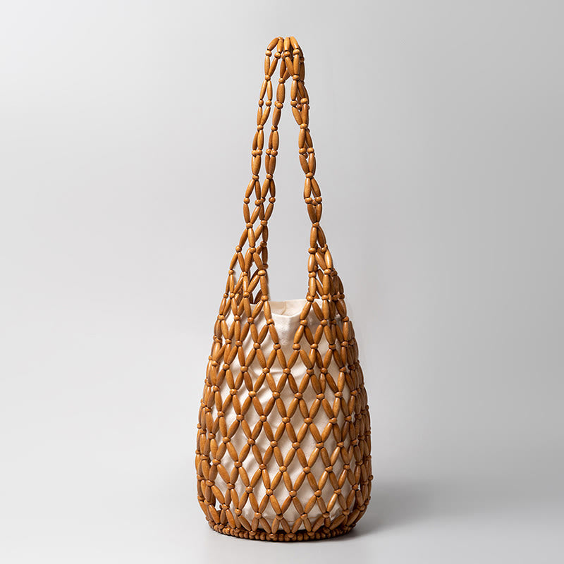 Nimara Ritual Hand-woven Wooden Beads Bucket Shoulder Bag Handbag