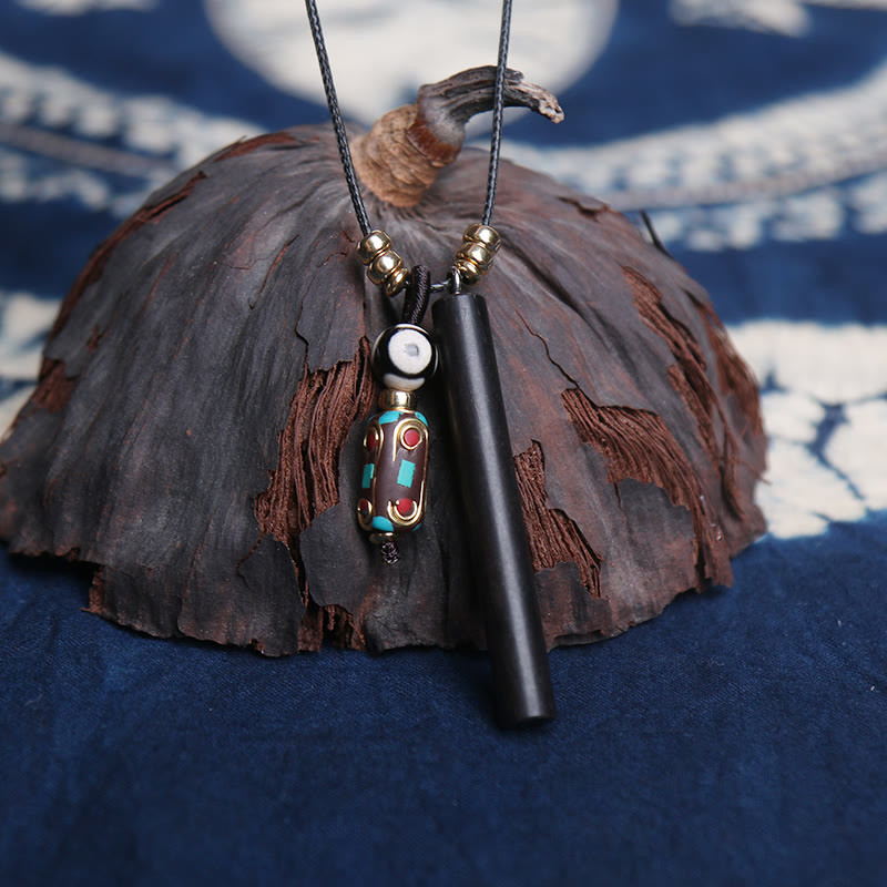 Nimara Ritual Tibetan Ebony Wood Dzi Bead Peace Calm Necklace Pendant