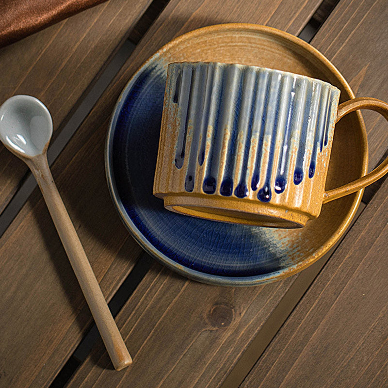 Nimara Ritual Retro Striped Kiln Change Ceramic Coffee Mug Rough Pottery Tea Coffee Cup With Saucer 250ml