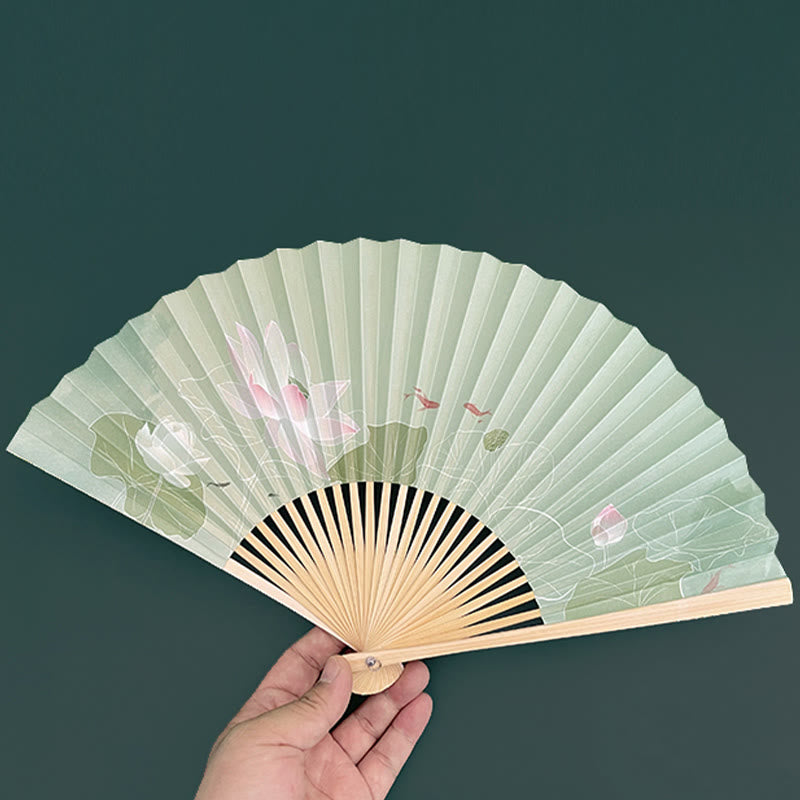 Nimara Ritual Lotus Flowers Leaf Koi Fish Handheld Paper Bamboo Folding Fan