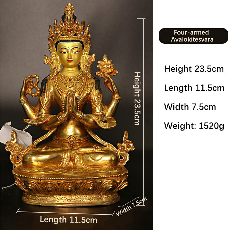 Nimara Ritual Bodhisattva Tara Chenrezig Four-armed Avalokitesvara Protection Copper Gold Plated Statue Decoration