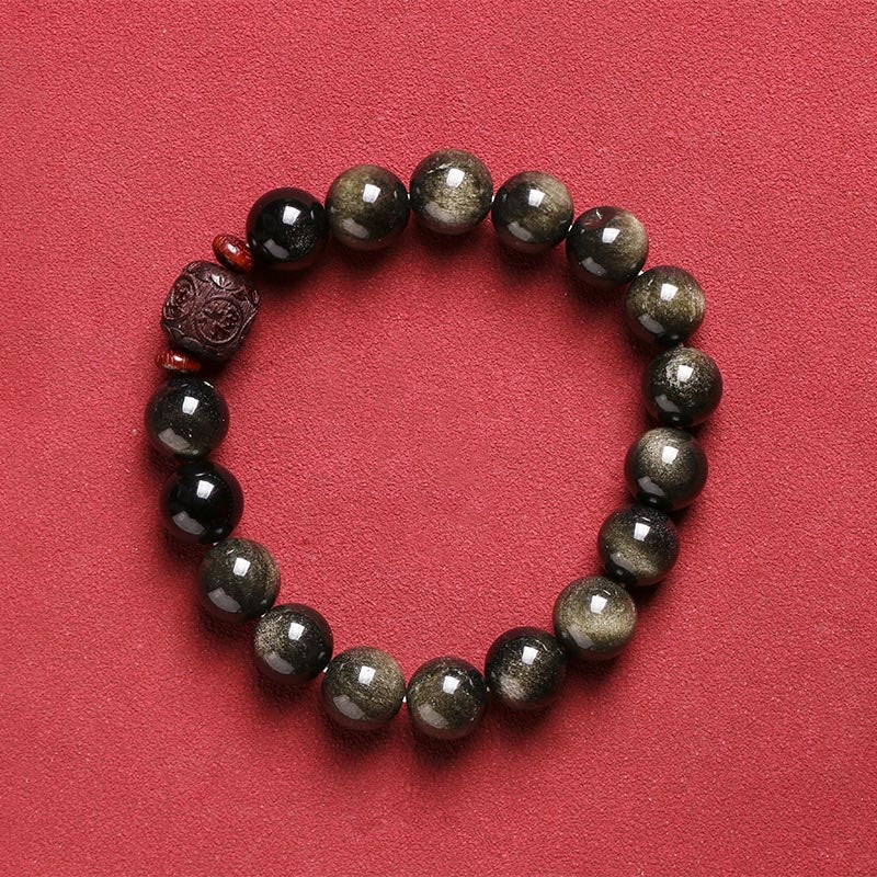 Nimara Ritual Natural Gold Sheen Obsidian Rainbow Obsidian Om Mani Padme Hum Fu Character Healing Bracelet