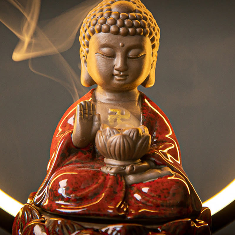 Nimara Ritual Buddha Lotus Backflow Smoke Fountain Ceramic Blessing Incense Burner With Light Decoration
