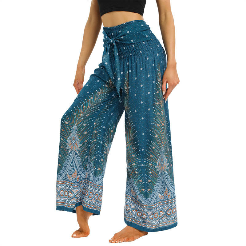 Nimara Ritual Boho Peacock Feathers Lace-up Wide Leg Pants Women's Yoga Pants