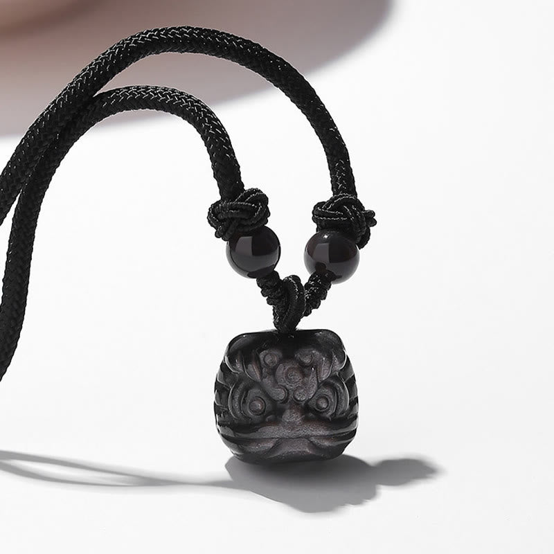 Nimara Ritual Natural Silver Sheen Obsidian Red Agate Dancing Lion Protection Necklace Pendant