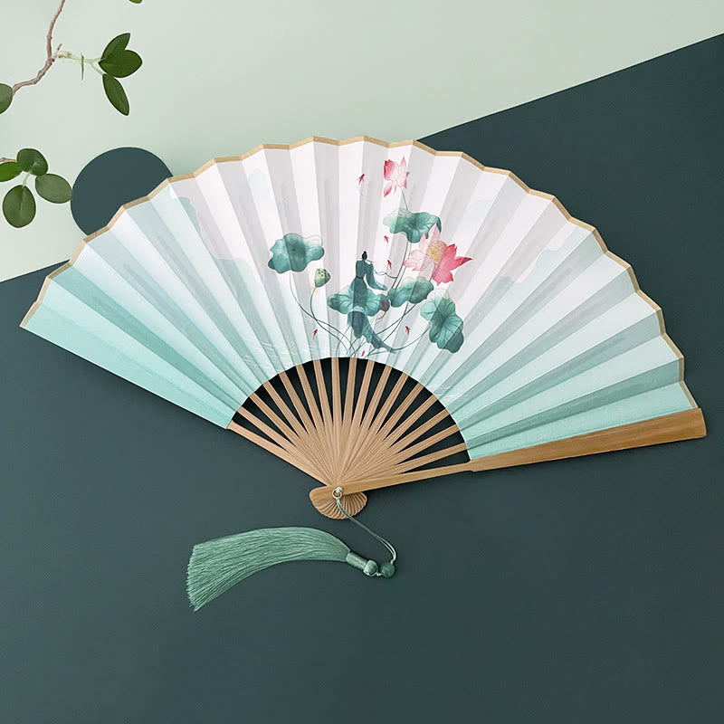 Nimara Ritual Retro Lotus Flower Leaf Mountain Lake Handheld Folding Fan With Bamboo Frames