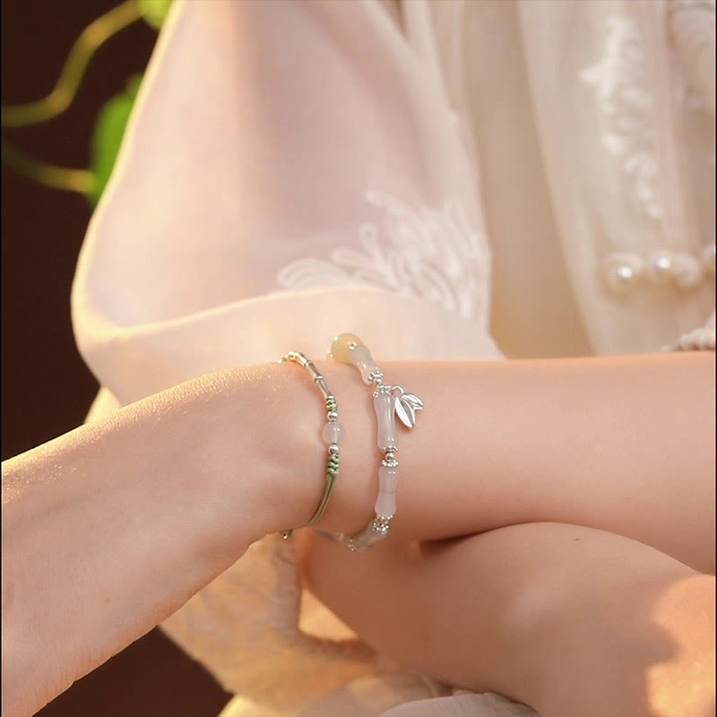 Nimara Ritual 925 Sterling Silver Natural Tianshan Jade Bamboo Charm Luck Bracelet