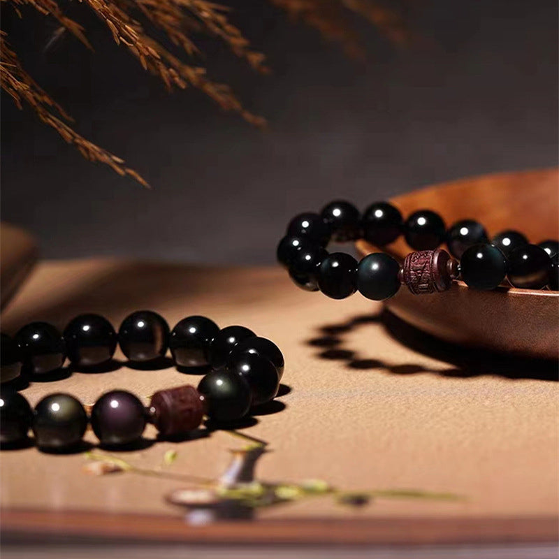 Nimara Ritual Natural Gold Sheen Obsidian Rainbow Obsidian Om Mani Padme Hum Fu Character Healing Bracelet