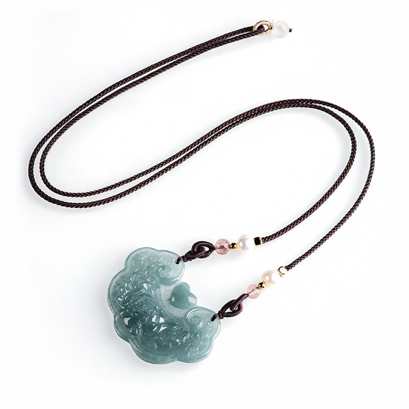 Nimara Ritual Natural Jade Peony Flower Lock of Good Wishes Prosperity Necklace Pendant