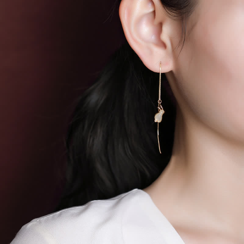 Nimara Ritual 925 Sterling Silver Year of the Rabbit Hetian White Jade Happiness Drop Earrings