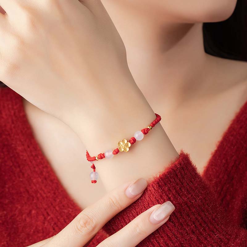 Nimara Ritual Handmade 925 Sterling Silver Peach Blossom Cherry Sakura Chalcedony Bead Luck Red Rope Bracelet