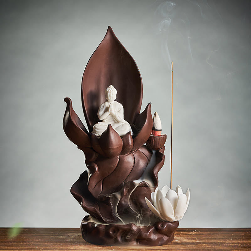 Nimara Ritual Lotus Buddha Avalokitesvara Enlightenment Purple Clay Incense Burner Decoration