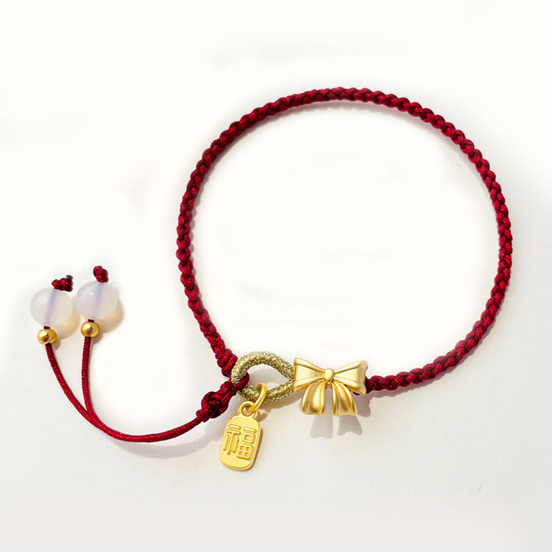 Nimara Ritual Handmade Peach Blossom Rosette Bow Knot Fu Character Charm Luck Fortune Red Rope Bracelet