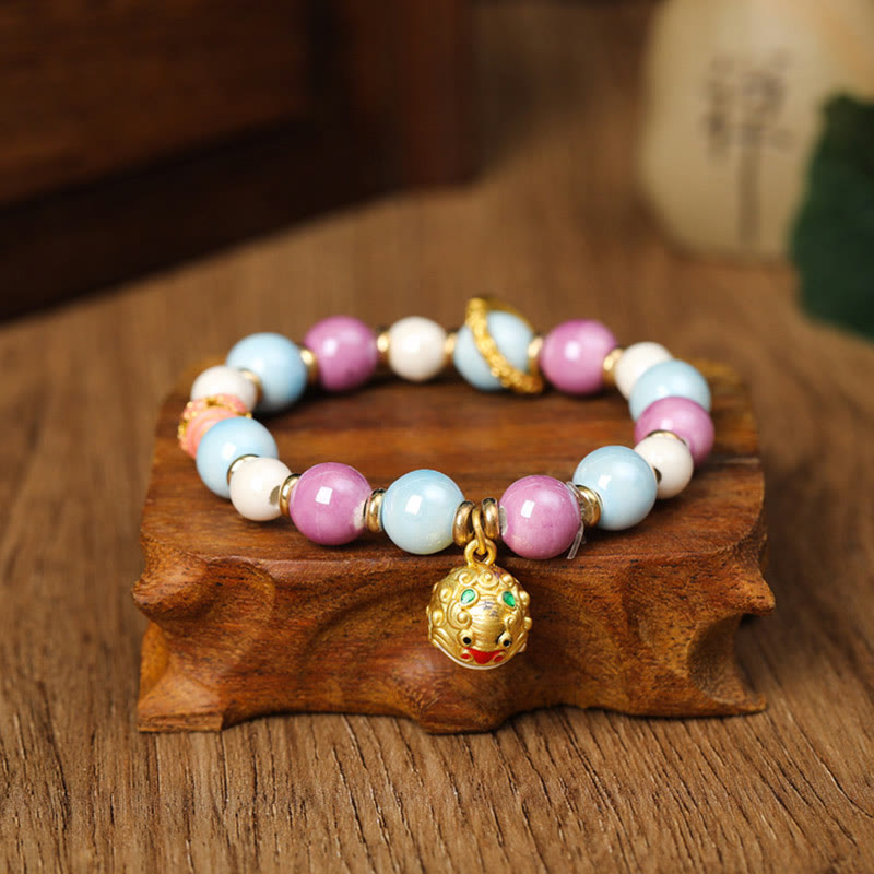 Nimara Ritual Tibetan Zakiram Goddess of Wealth Rabbit Lion Head Charm Liuli Glass Incense Ash Porcelain Bead Protection Bracelet