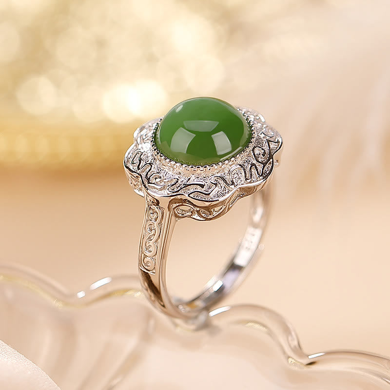 Nimara Ritual 925 Sterling Silver Hetian Cyan Jade Flower Design Luck Adjustable Ring
