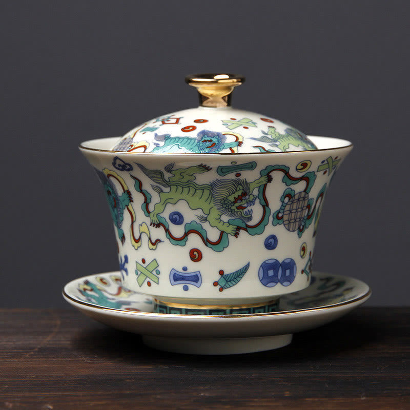 Nimara Ritual Retro Plum Blossom Pine Bamboo Phoenix Kirin Ceramic Gaiwan Sancai Teacup Kung Fu Tea Cup and Saucer with Lid