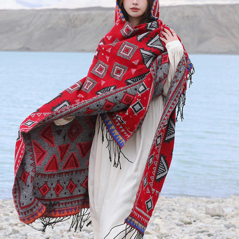 Nimara Ritual Tibetan Shawl Triangle Pattern Hooded Cloak Winter Cozy Travel Scarf Wrap