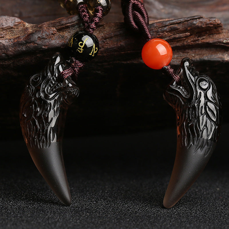 Nimara Ritual Natural Ice Obsidian Wolf Tooth Pattern Courage Necklace Pendant