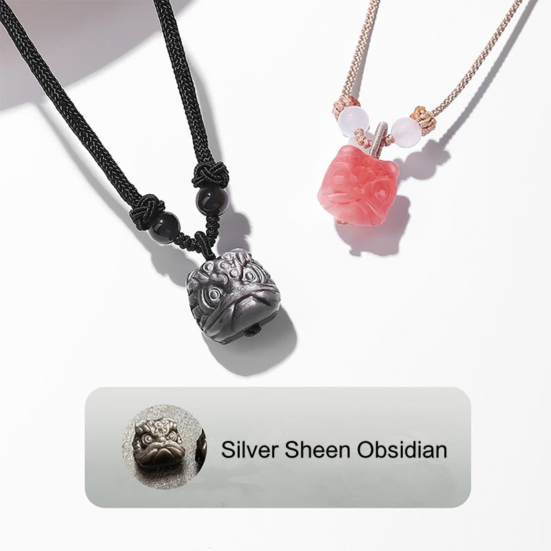 Nimara Ritual Natural Silver Sheen Obsidian Red Agate Dancing Lion Protection Necklace Pendant