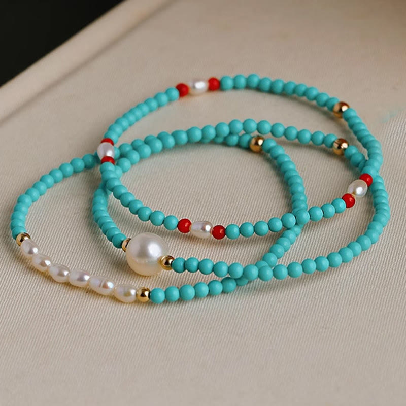 Nimara Ritual Turquoise Red Agate Pearl Small Beaded Protection Bracelet