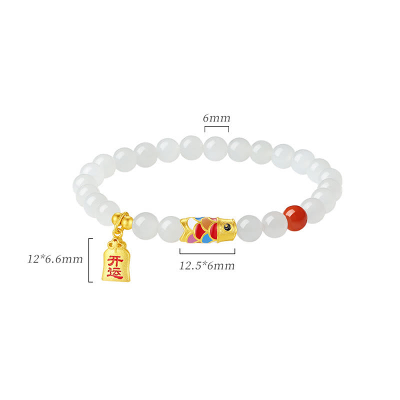 Nimara Ritual 925 Sterling Silver Hetian White Jade Red Agate Koi Fish Luck Happiness Bracelet