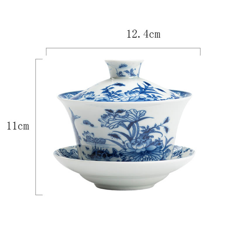 Nimara Ritual Blue And White Porcelain Lotus Koi Fish Lion Dance Watermelon Ceramic Gaiwan Sancai Teacup Kung Fu Tea Cup And Saucer With Lid 300ml