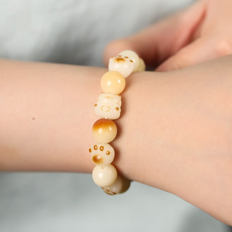 Nimara Ritual Natural Bodhi Seed Sandalwood Lucky Cute Cat Head Paw Claw Peace Bracelet