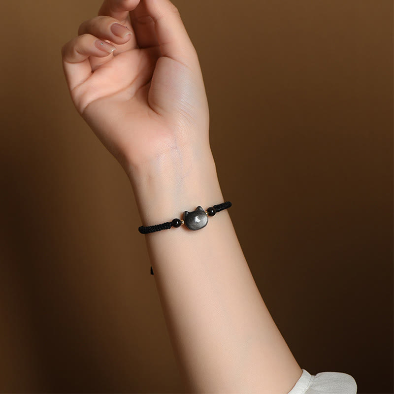 Nimara Ritual Handmade Natural Silver Sheen Obsidian Strawberry Quartz Cute Cat Protection Braided Bracelet