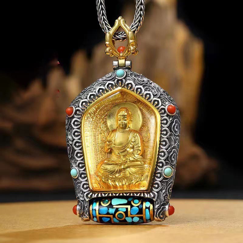 Nimara Ritual Tibet Chinese Zodiac Natal Buddha Thangka Prosperity Rotatable Dzi Bead Necklace Pendant