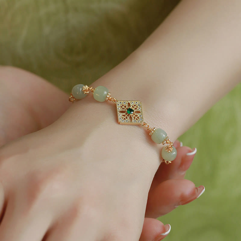 Nimara Ritual Natural Hetian Jade Bead Square Pattern Luck Chain Bracelet