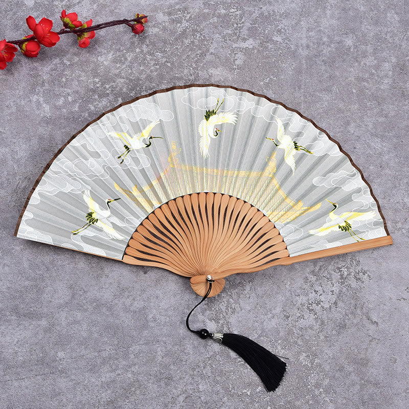Nimara Ritual Vintage Cloud Crane Pattern Handheld Bamboo Folding Fan