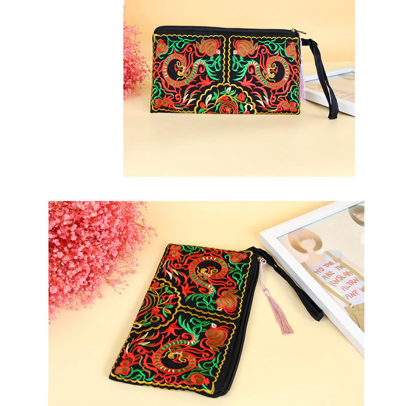Nimara Ritual Dragon Butterfly Cosmos Flower Embroidery Wallet Shopping Purse