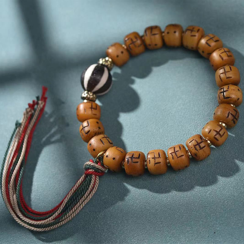 Nimara Ritual Natural Tibetan Camel Bone Swastika Dzi Bead Shankha Buddha Charm Kirtimukha Luck Protection Tassel Bracelet