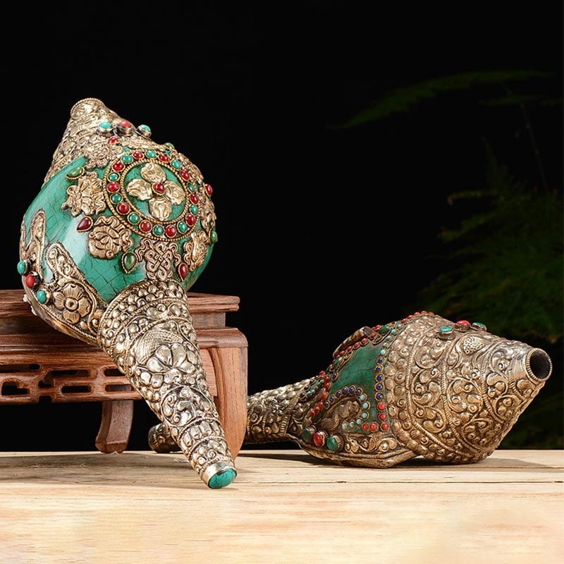 Nimara Ritual Tibetan Handmade Engraved Shankha Double Dorje Buddha Conch Shell Wealth Positive Decoration