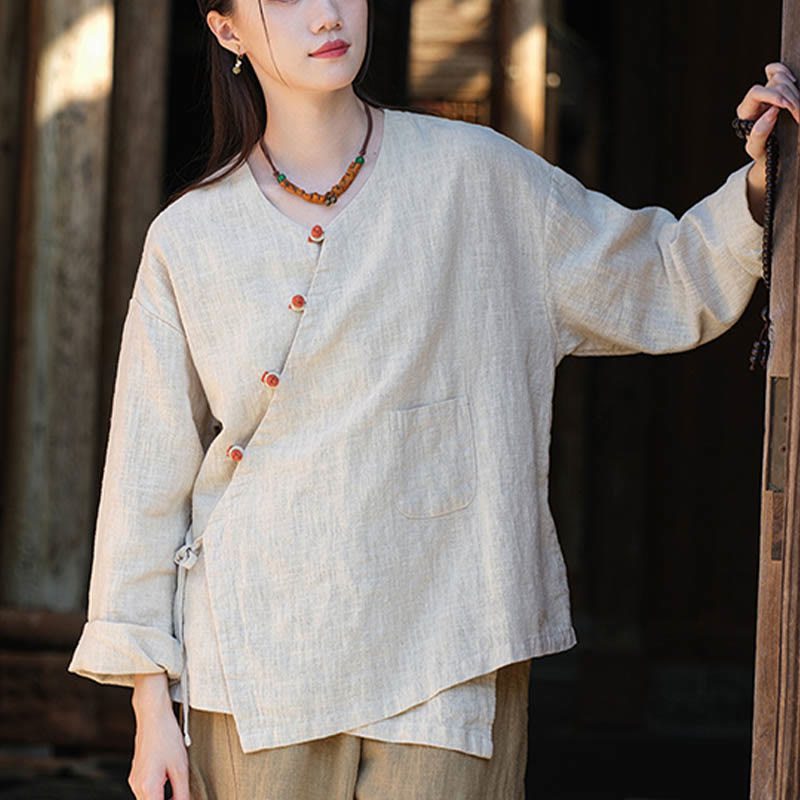 Nimara Ritual Solid Color Ramie Linen Loose Blouse Long Sleeve Shirt Chinese Hanfu Top